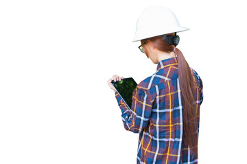 Young Asian engineer or architect woman wearing safety helmet and safety glasses use tablet on white background with clipping path for construction concept