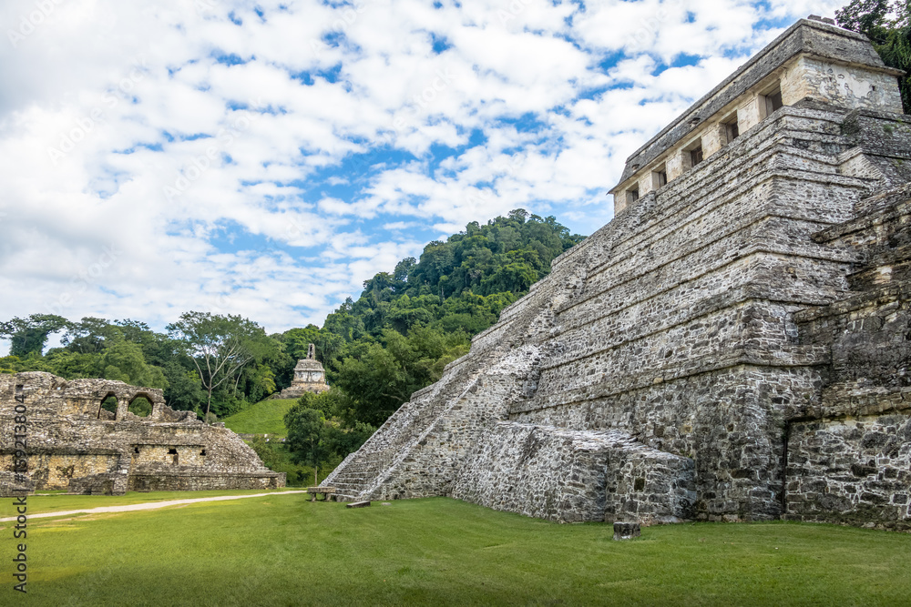 Sticker temple of inscriptions and palace at mayan ruins of palenque - chiapas, mexico