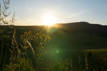 Sunrise and sunset over the hills and town. Slovakia