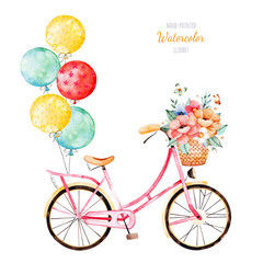 Beautiful floral collection. Bike with bouquet in basket and multicolored balloons.Lovely illustration for your design.Perfect for wedding,invitations,blogs,template card,Birthday,baby cards,patterns