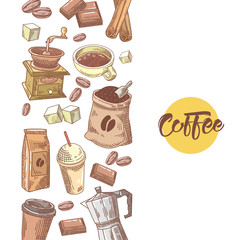 Coffee Hand Drawn Design with Coffee Beans, Sugar and Cinnamon. Food and Drink. Vector illustration