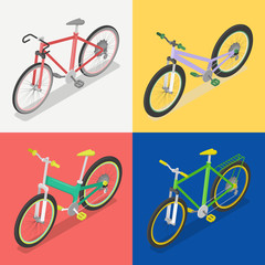 Obraz premium Isometric Bicycle Set with Extreme and Road Bike. City Transport. Vector flat 3d illustration