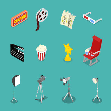 Isometric Cinema Icons with Film Reel, Glasses and Movie Making Equipment. Vector flat 3d illustration