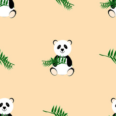 Cute panda on a beige background with a bamboo branch in the paws. Seamless pattern for wrapping paper, background image, printed products and textiles
