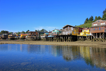 Fototapeta na wymiar Palafito houses on stilts in Castro, Chiloe Island, Patagonia, Chile