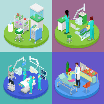 Isometric Medical Clinic. Health Care Concept. Hospital, Dentist, Operating Room. Vector flat 3d illustration