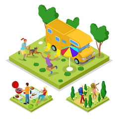Isometric Outdoor Activity. Camping and Barbeque. Healthy Lifestyle and Recreation. Vector flat 3d illustration