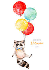 Watercolor illustration.Cute little Racoon with multicolored balloons .Perfect for your unique designs,greeting card,blog,pattern,baby shower party,invaitation,baby cards,birthday and more