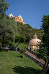 Fototapeta premium Church of Our Lady of Remedies at the top of Cholula pyramid and Well of Wishes - Cholula, Puebla, Mexico