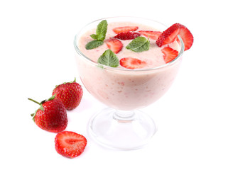Healthy strawberry yogurt with mint leaves and fresh berries isolated on white background