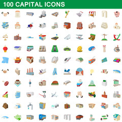 100 capital icons set, cartoon style