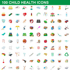 100 child health icons set, cartoon style