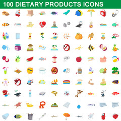 100 dietary products icons set, cartoon style
