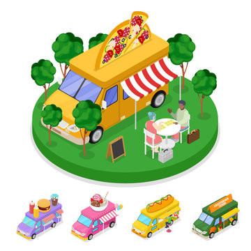 Isometric Street Food Pizza Truck with People. Vector flat 3d illustration