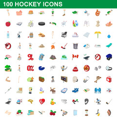 100 hockey icons set, cartoon style