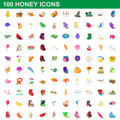 100 honey icons set, cartoon style