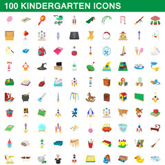 100 kindergarten icons set, cartoon style