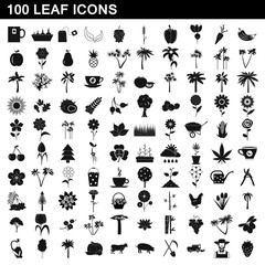 100 leaf icons set, simple style