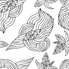 Black and white hand drawn zentangle seamless pattern with floral and natural elements.