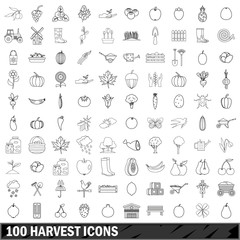 100 harvest icons set, outline style