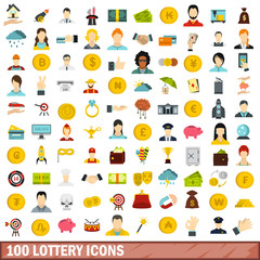 100 lottery icons set, flat style