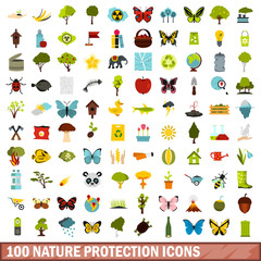 100 nature protection icons set, flat style