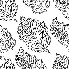 Black and white hand drawn zentangle seamless pattern with floral and natural elements.