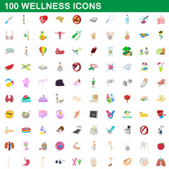 100 wellness icons set, cartoon style