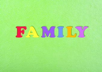 FAMILY word on green background composed from colorful abc alphabet block wooden letters, copy space for ad text. Learning english concept.