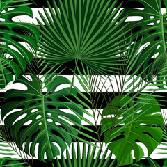 Tropical seamless pattern with exotic palm leaves.