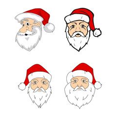 Vector image of a set of Santa Claus head. Illustration of a cheerful man with a beard and mustache in a red hat.
