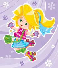 Obraz na płótnie Canvas A little young girl is happy to roller-skate. She rushes like a wind, very quickly. Hair develops. The bag jumps on its side. Colorful clipart. Handmade vector illustration.