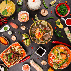 Various of asian meals on rustic background , top view , place for text.