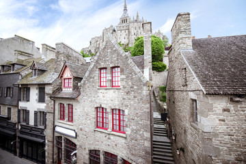 Ancient buildings of the old town on the famous Mont Saint Michel island in France