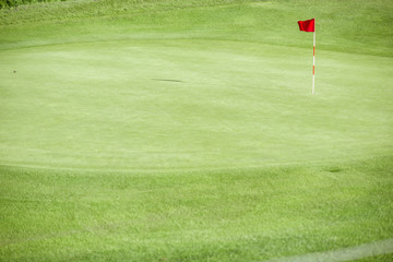 Obraz premium View on the green field for golf playing with hole and red flag