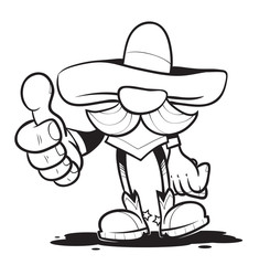 The Spaniard Amigo in a sombrero and a big moustache says that all is well and shows thumb. Hand vector drawing.  Print on a t-shirt.  Black and white clipart. 
