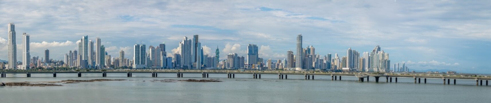 Panoramic view of Panama City skyline with skyscrapers and Cinta Costera (Coastal Beltway) - Panama City, Panama
