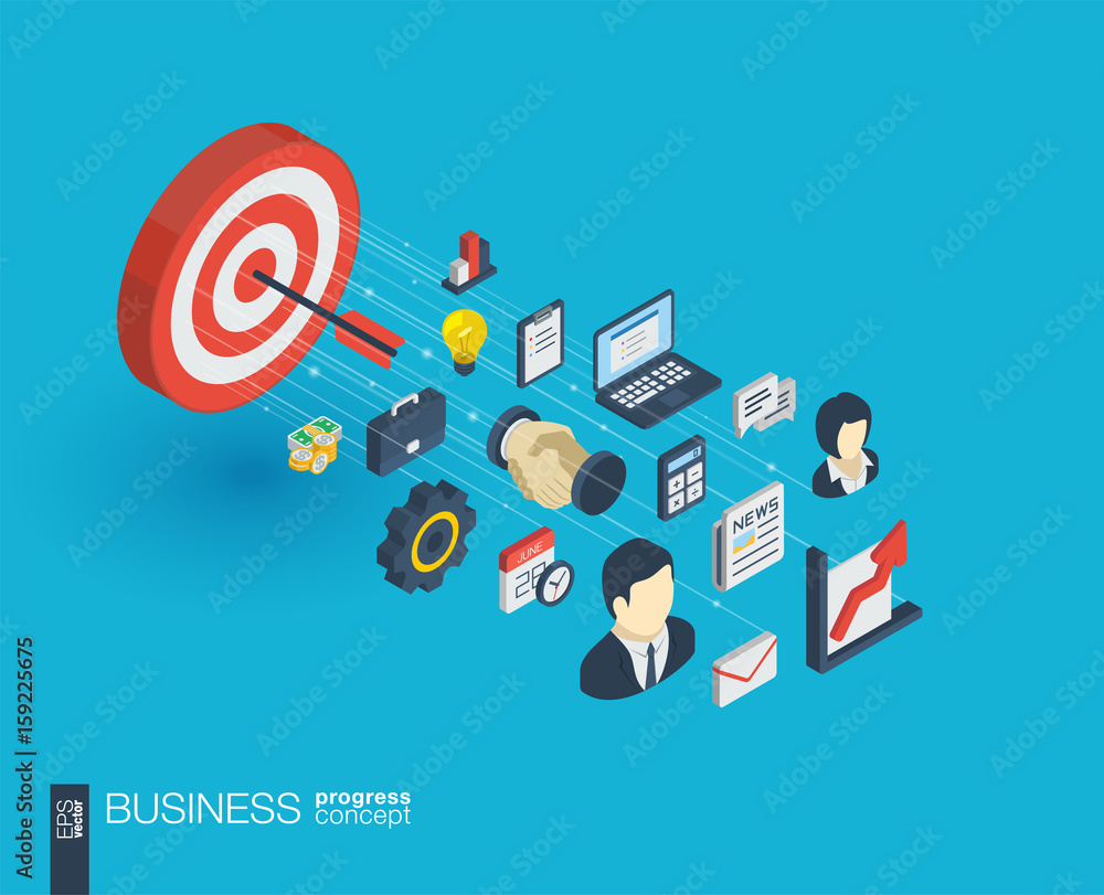 Aufkleber business integrated 3d web icons. digital network isometric progress concept. connected graphic desi