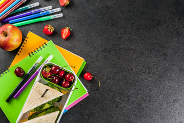 Back to school. A hearty healthy school lunch in a box: sandwiches with vegetables and cheese,...