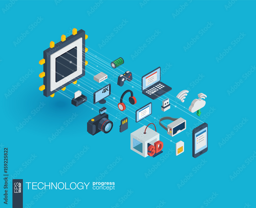 Poster technology integrated 3d web icons. digital network isometric progress concept. connected graphic de