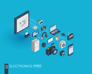 Electronics integrated 3d web icons. Digital network isometric progress concept. Connected graphic design line growth system. Abstract background for technology, household gadgets. Vector Infograph