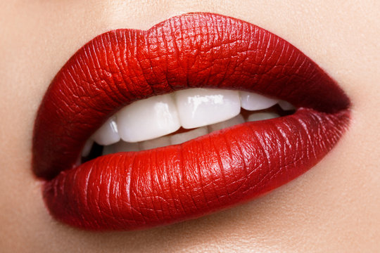 Sexy Lips. Beauty Red Lips Makeup Detail. Beautiful Make-up Closeup. Sensual Open Mouth. lipstick or Lipgloss