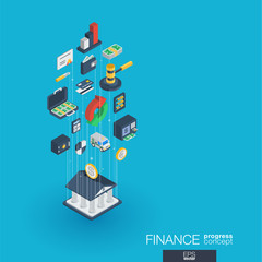 Finance integrated 3d web icons. Digital network isometric progress concept. Connected graphic design line growth system. Abstract background for money bank, market transaction. Vector Infograph