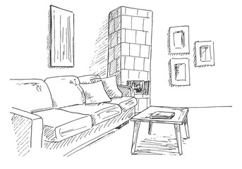 Living room with sofa, table and tiled stove in the corner of the room. Vector illustration of a sketch style.