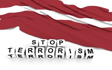 Latvian flag and text stop terrorism.