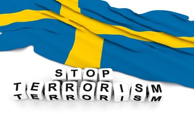 Swedish flag and text stop terrorism.