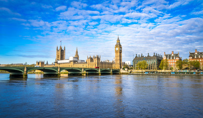 Big Ben and Westminster parliament in London, United Kingdom at sunny day