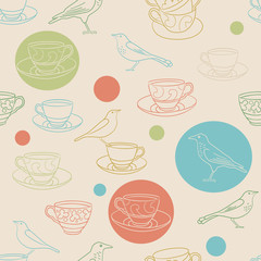 Tea time. Seamless background with teacups and birds. Vector illustration.