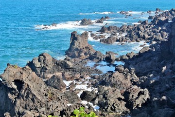 Black volcanic rocck along the beach in St. Kitts,