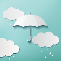 Rainy day, Origami made umbrella and clouds,